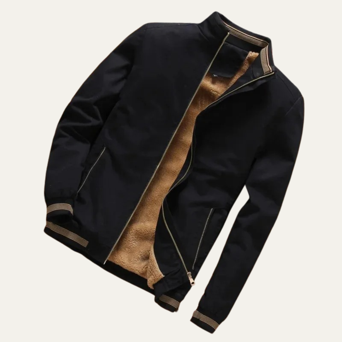 Black men's sherpa-lined bomber jacket with zip front and ribbed cuffs