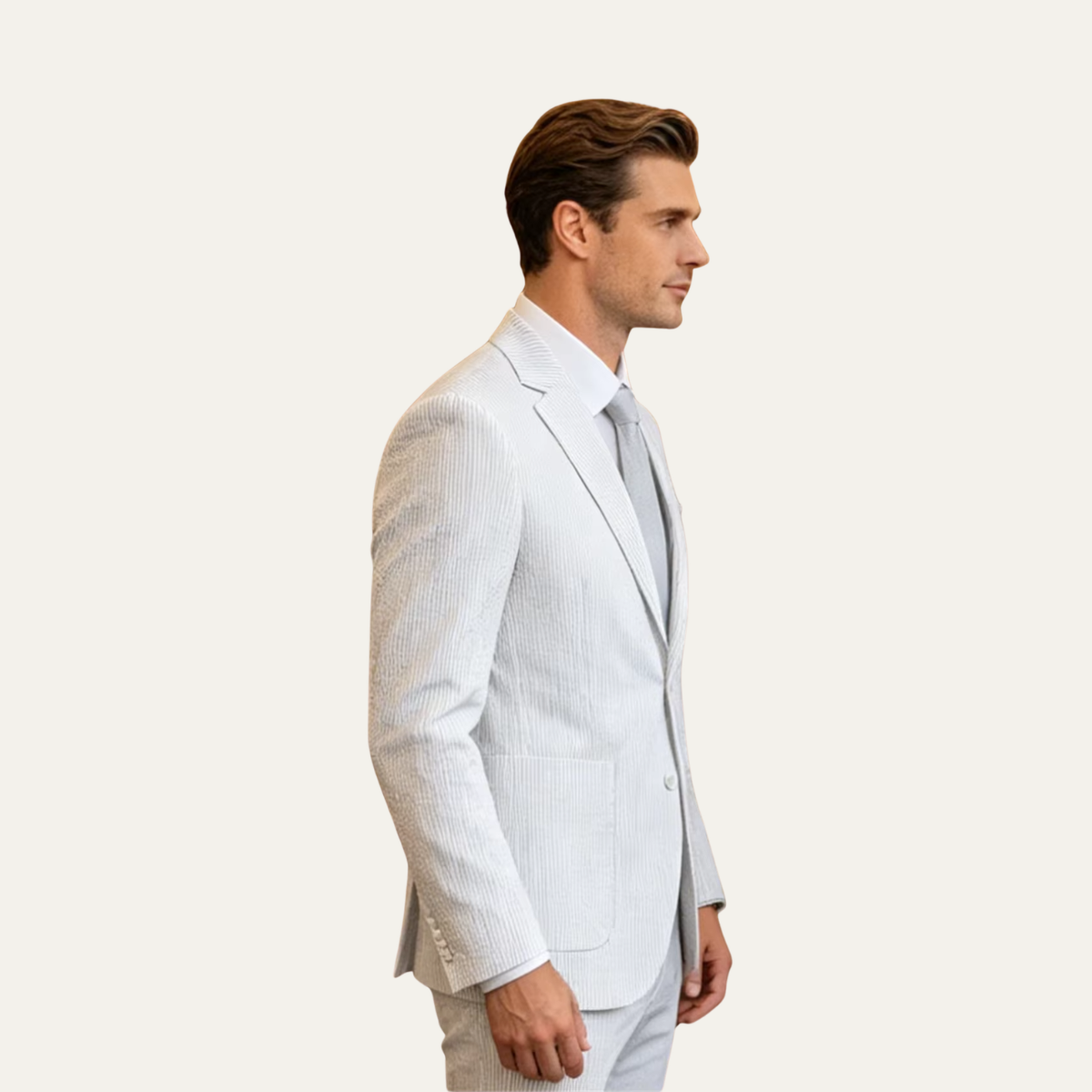 Light gray pinstripe smart blazer, side view, notch lapels and front button closure.