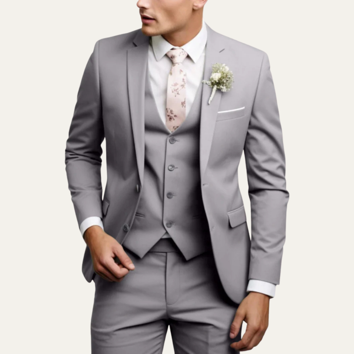 Men's 3-piece slim-fit suit set in light gray with jacket, vest, and matching trousers.