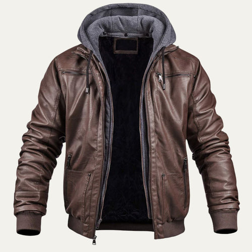Men's dark brown hooded leather bomber jacket with front zip and ribbed cuffs