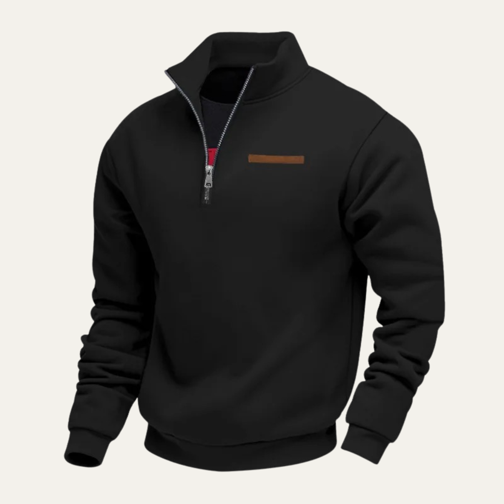 Black men’s half-zip stand-collar sweater front view with chest trim patch