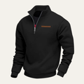 Black men’s half-zip stand-collar sweater front view with chest trim patch