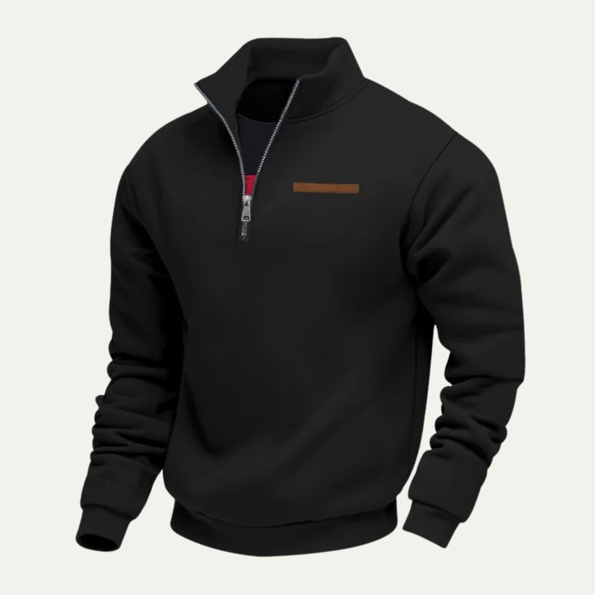 Black men’s half-zip stand-collar sweater front view with chest trim patch