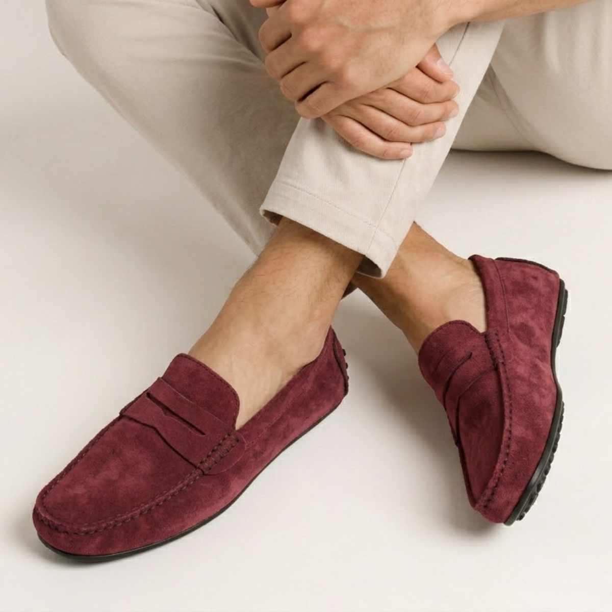 Burgundy suede moccasin loafers, slip-on with stitched moc seams and braided trim detail.
