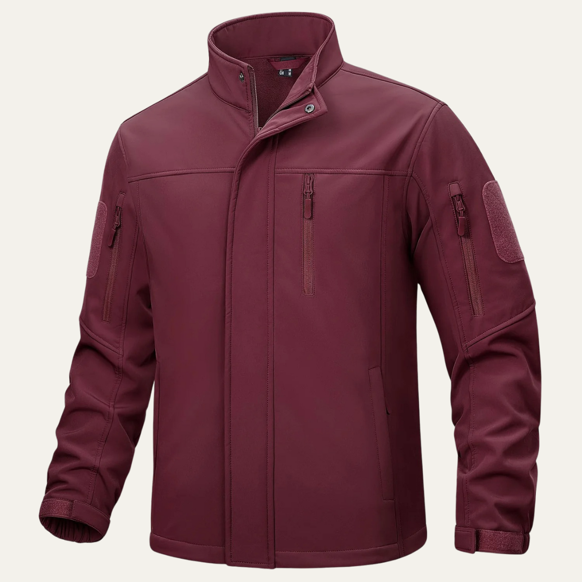 Men's tactical windproof jacket, wine red full-zip with stand collar and zip chest pocket