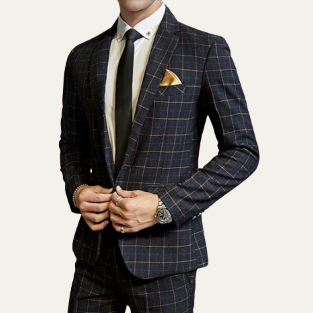 Men’s plaid slim-fit 3-piece suit with blazer, vest, and tie in dark windowpane pattern