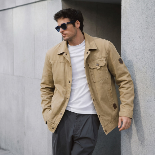 Beige men’s utility jacket worn open with flap chest pocket and side utility pockets