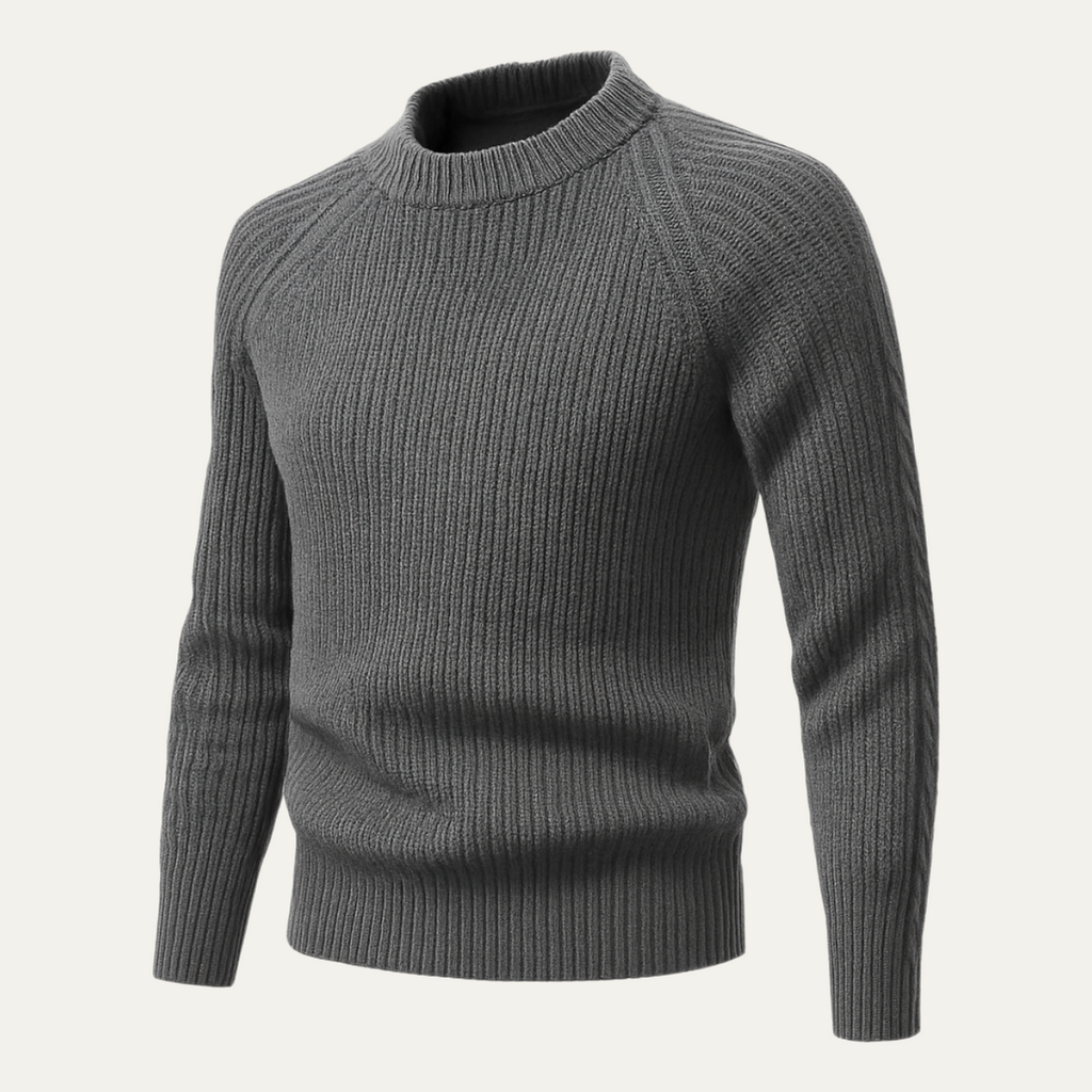 Men's gray cashmere crewneck sweater with ribbed collar and long sleeves