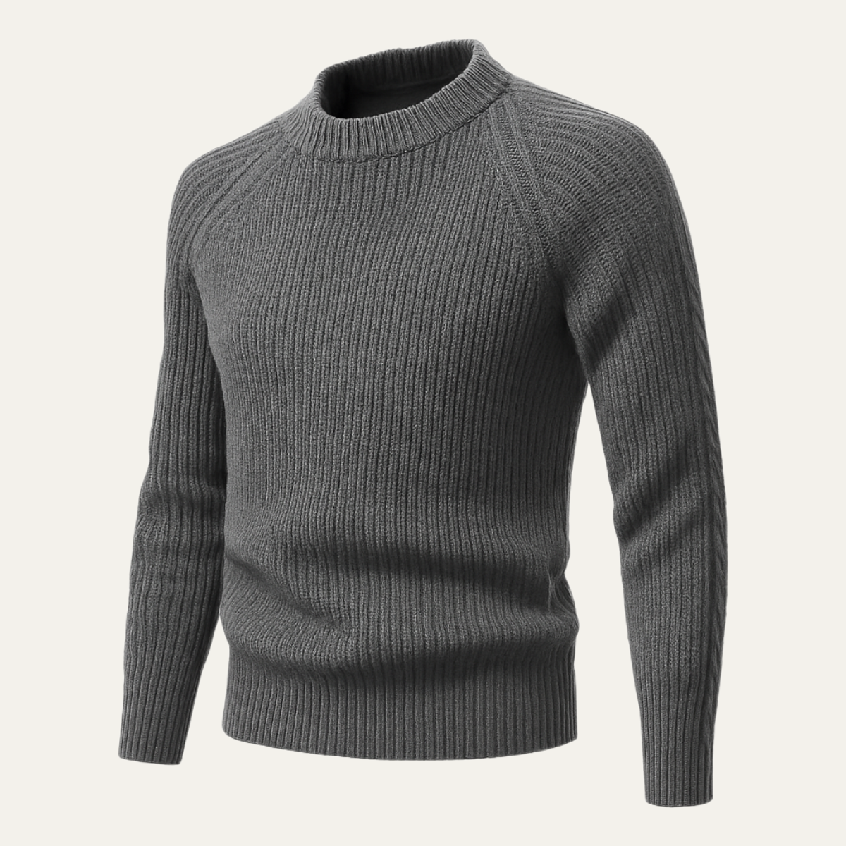 Men's gray cashmere crewneck sweater with ribbed collar and long sleeves