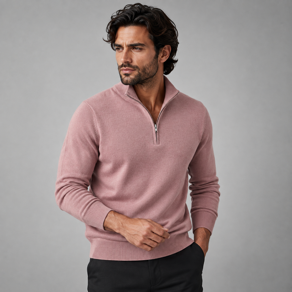 Men's quarter-zip mock neck sweater in pink on model, ribbed trim