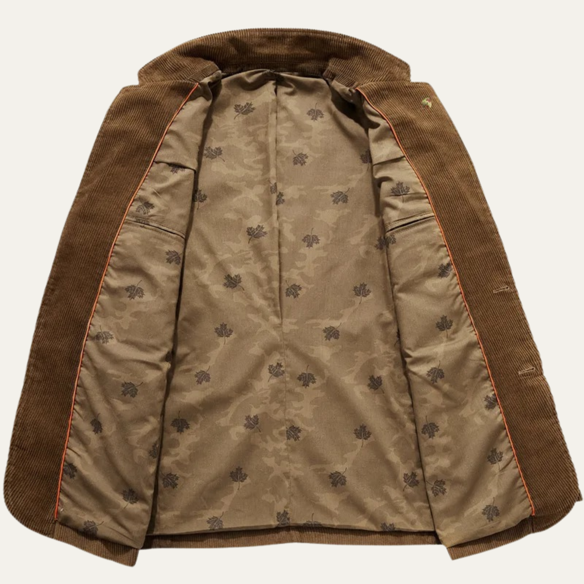 Brown corduroy blazer interior lining visible at front and lapels, with contrast trim.