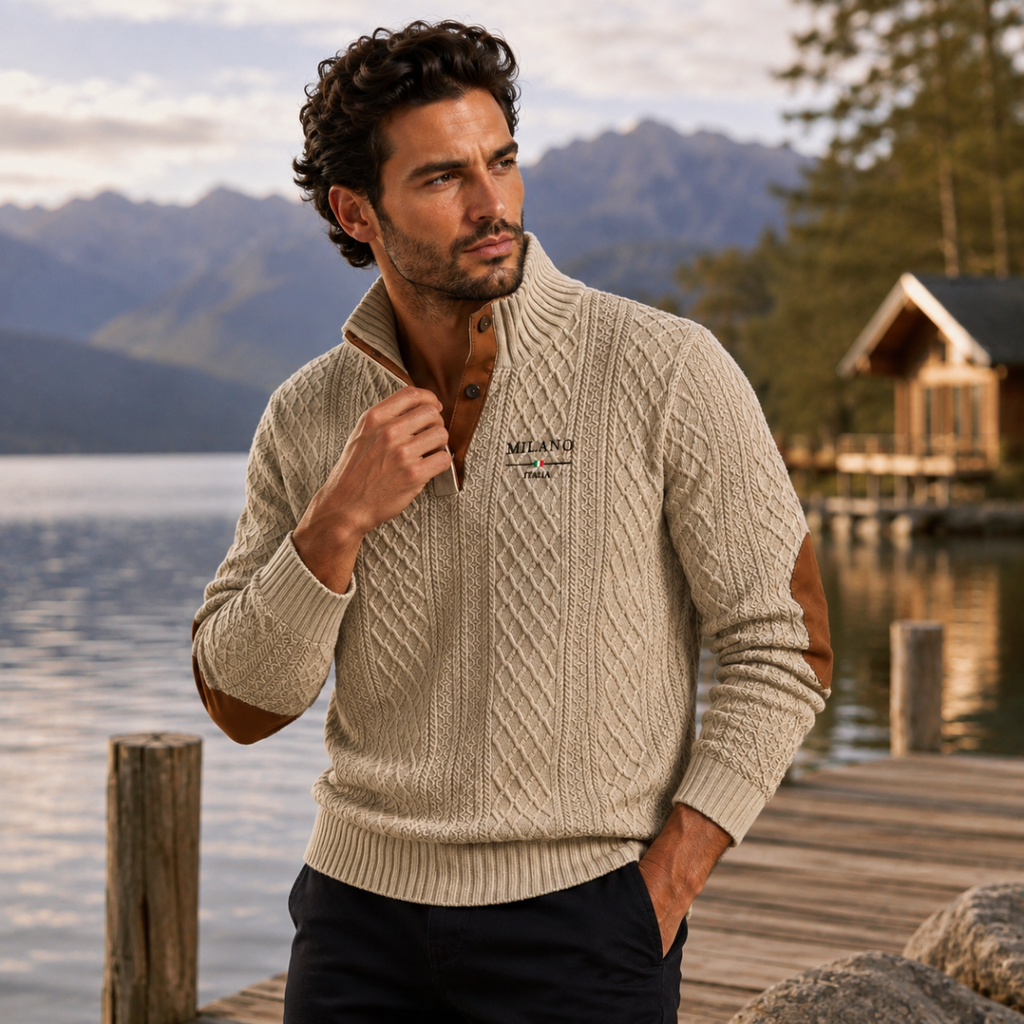 Men's beige knit quarter-zip sweater with brown button placket and ribbed cuffs