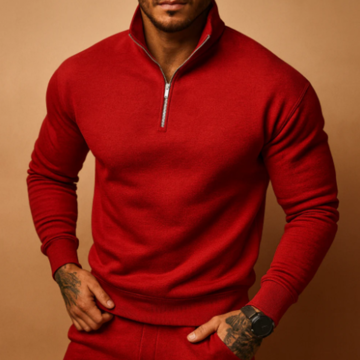 Burgundy men's half-zip knitted sweater with ribbed cuffs and hem