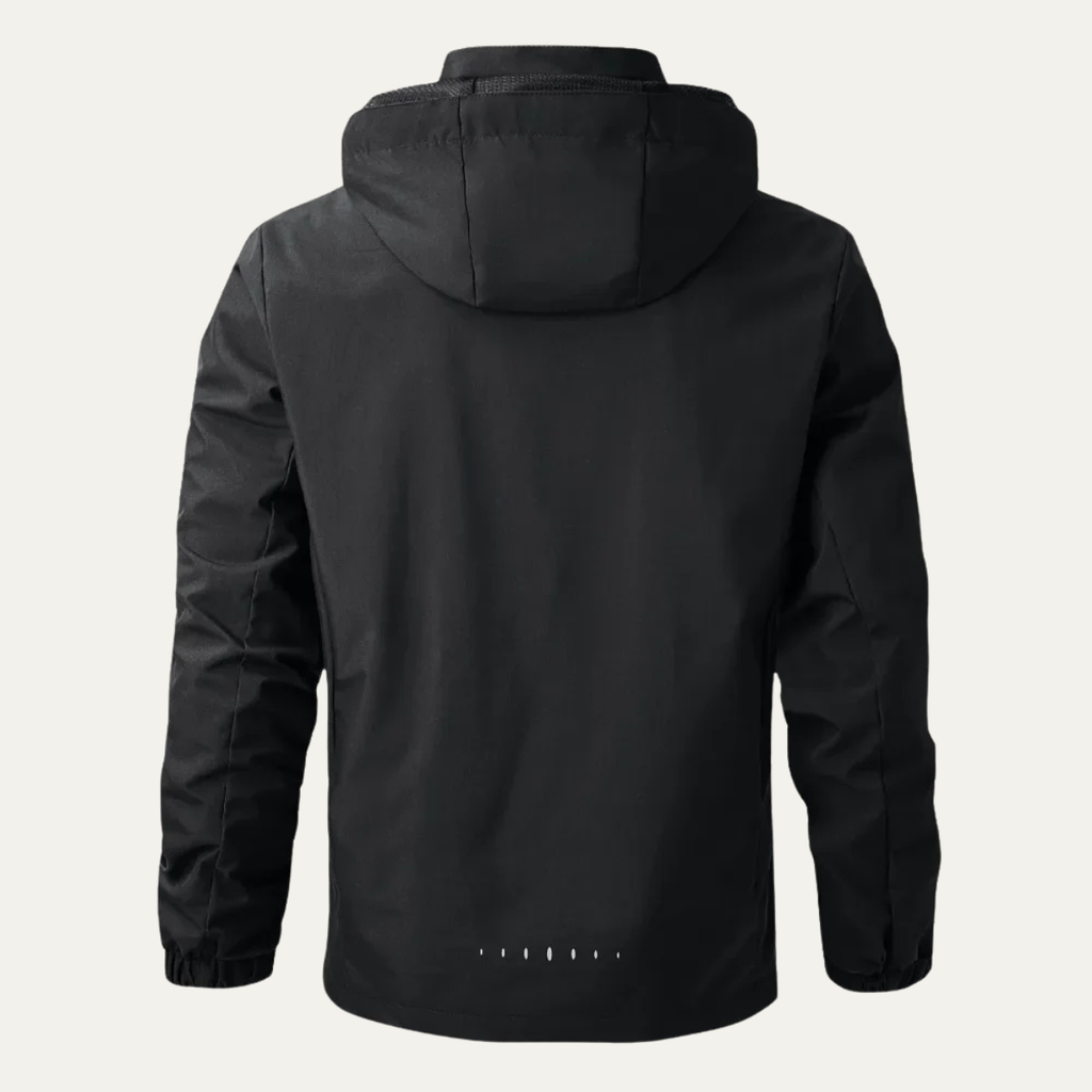 Black hooded waterproof rain jacket with rear view and full-length zipper