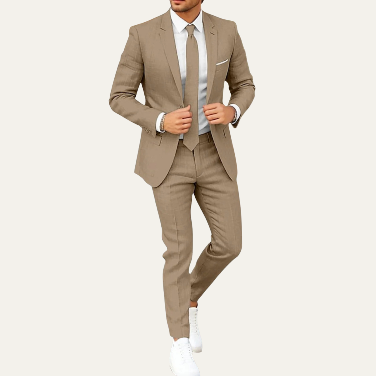 Men's lightweight tan suit set with blazer and matching dress pants