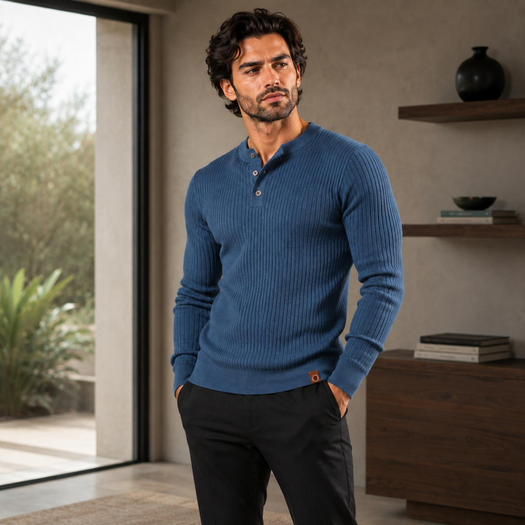 Blue ribbed knit men's henley sweater with buttoned neckline and long sleeves