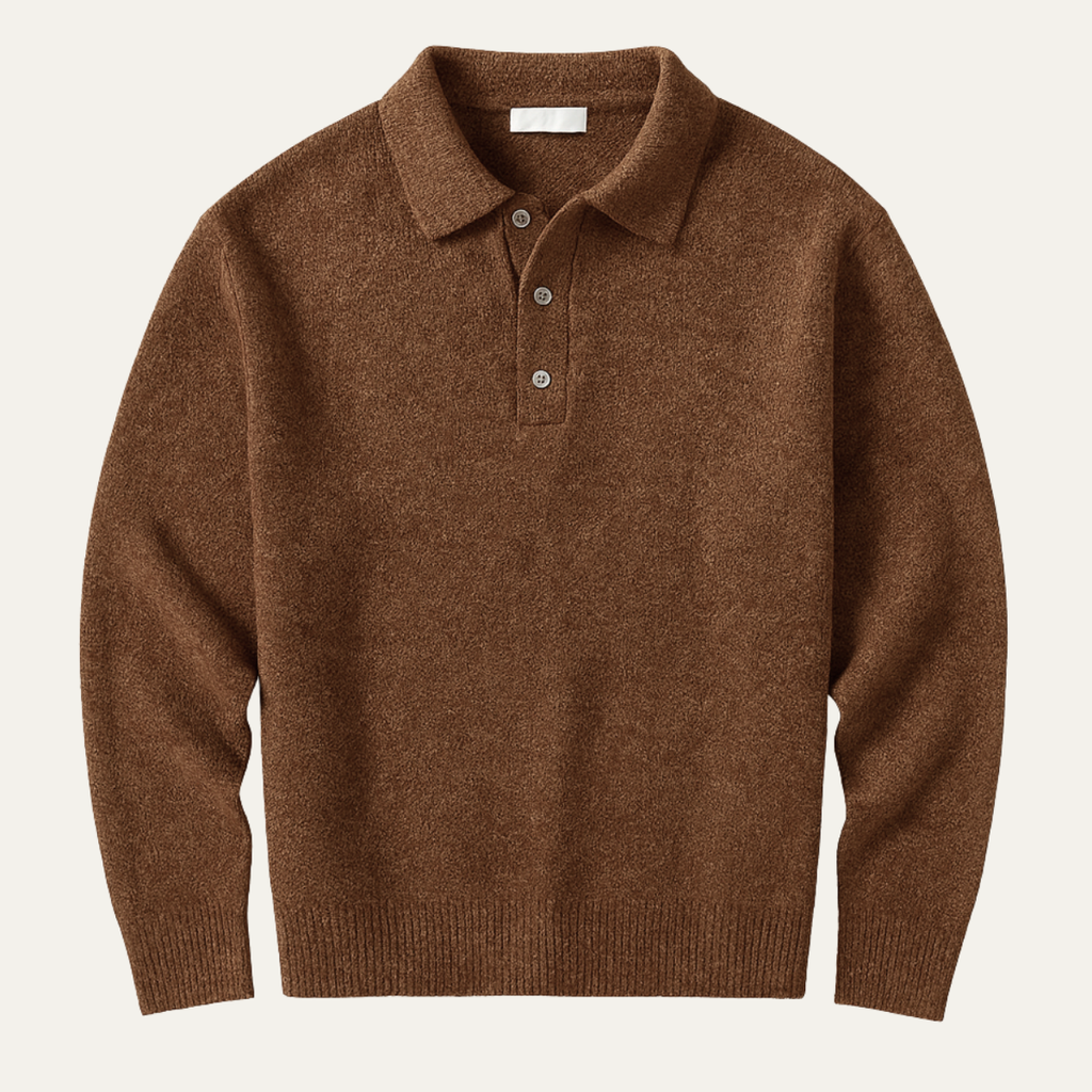 Men's soft knit polo sweater in brown, button placket and ribbed cuffs