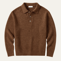 Men's soft knit polo sweater in brown, button placket and ribbed cuffs