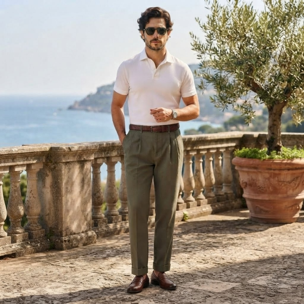 Men's double-pleated high-waist straight-leg pants in olive green, belt loops, tailored hem