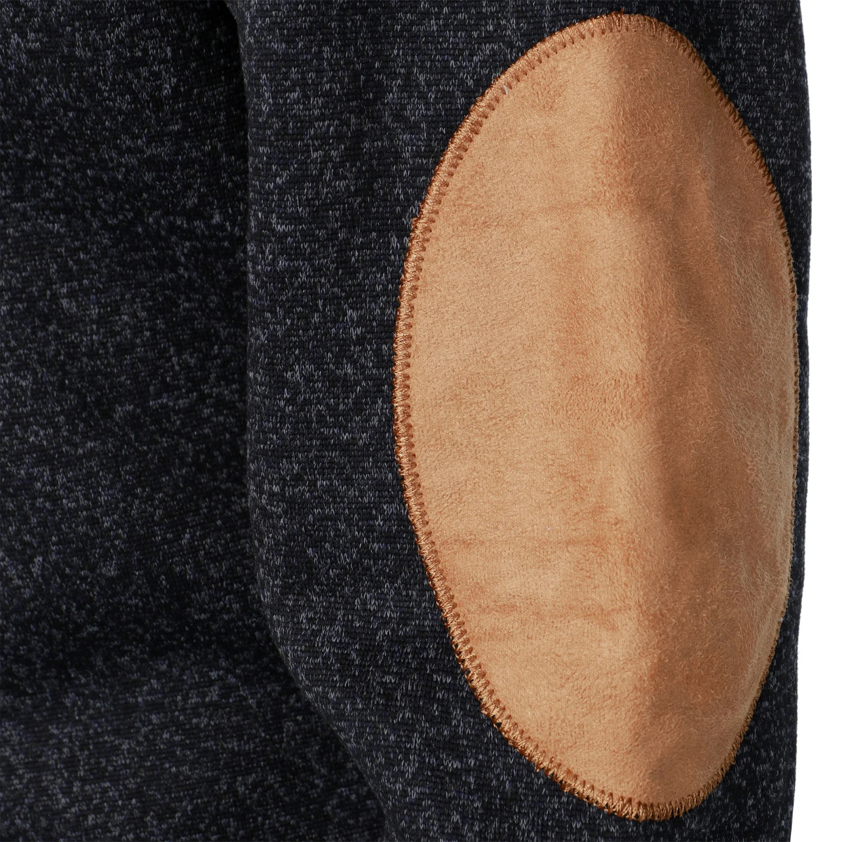 Tan suede elbow patch with stitched border on dark fleece sweater