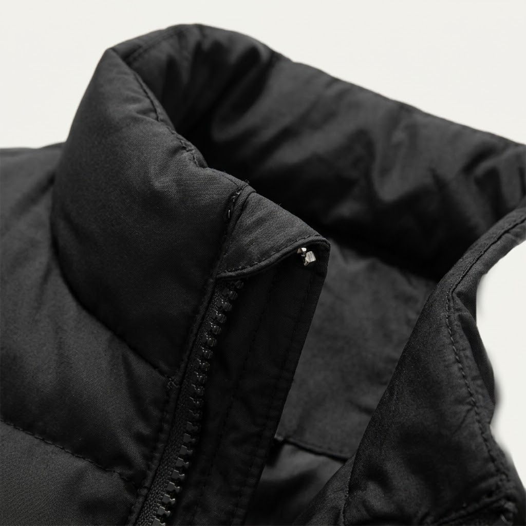 Black padded puffer vest close-up of shoulder seam and pocket zipper