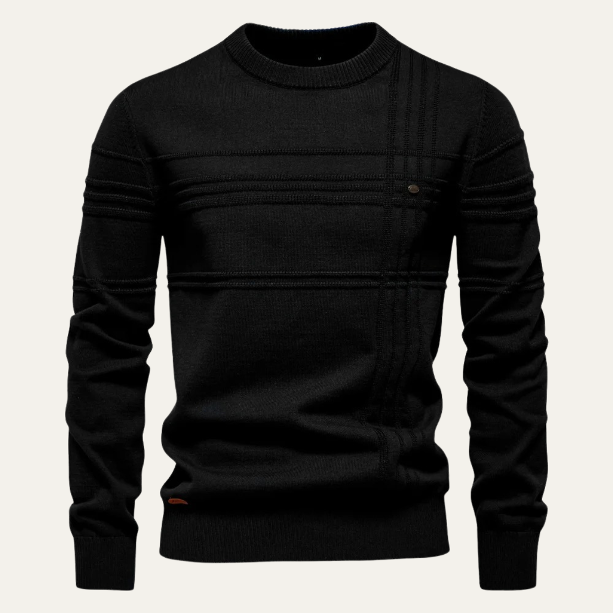 Men's black crew-neck knit sweater with ribbed trim and buttoned front placket
