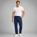 Men's hemp straight-leg pants in navy blue, drawstring elastic waist
