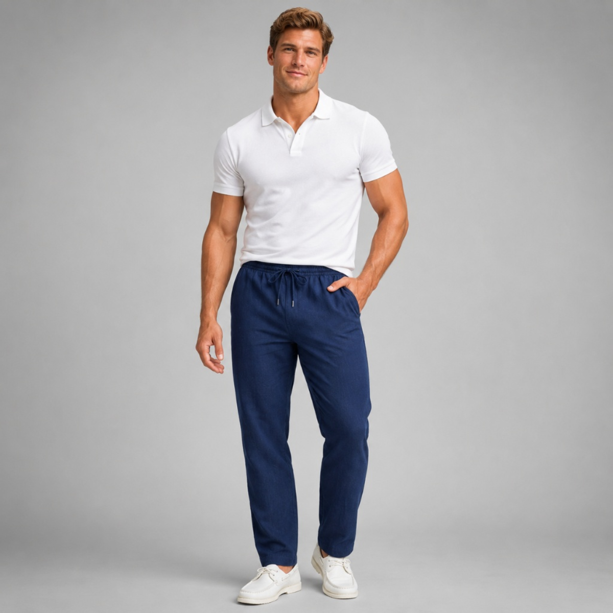 Men's hemp straight-leg pants in navy blue, drawstring elastic waist