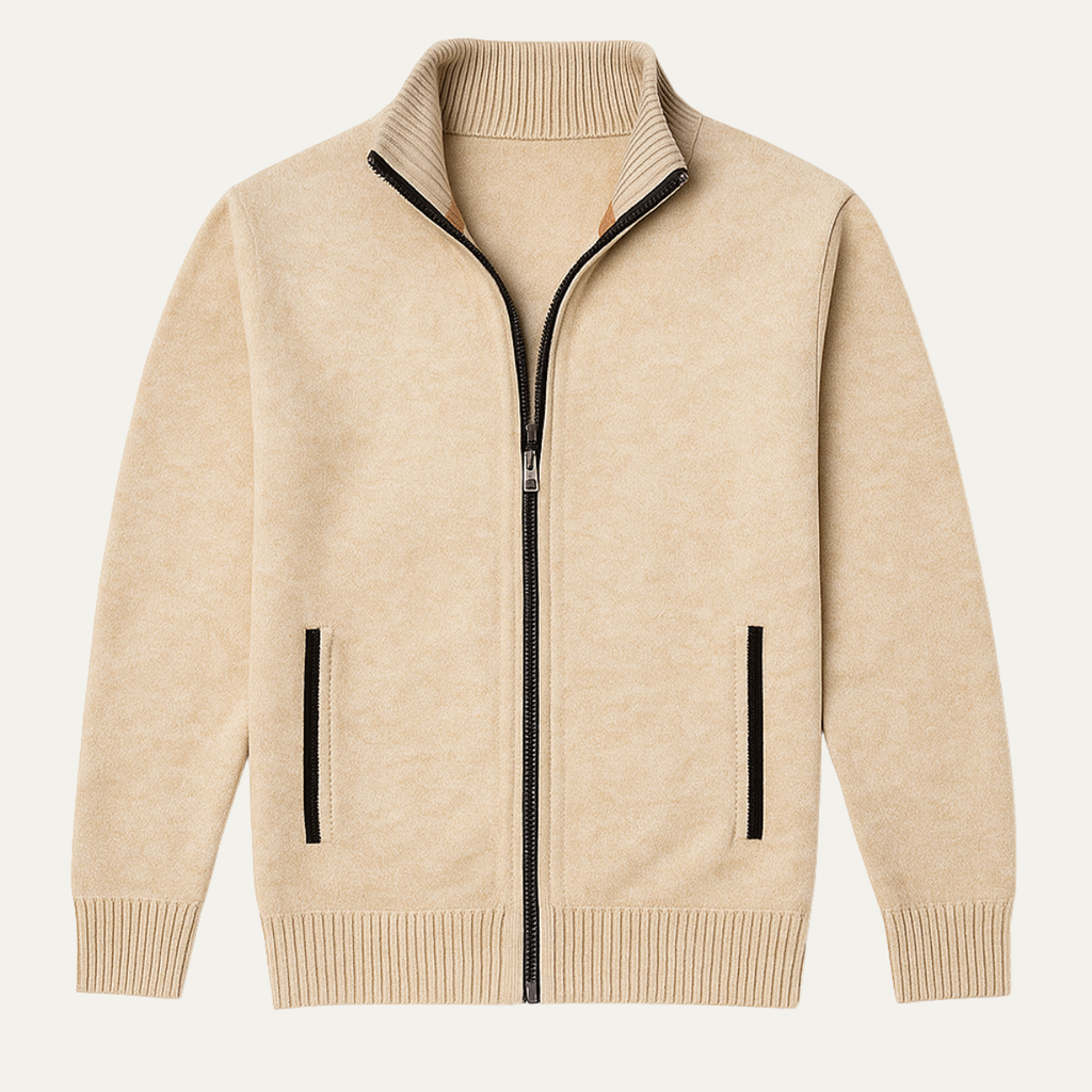 Beige men's knitted zip cardigan with stand collar, ribbed cuffs, and welt pockets