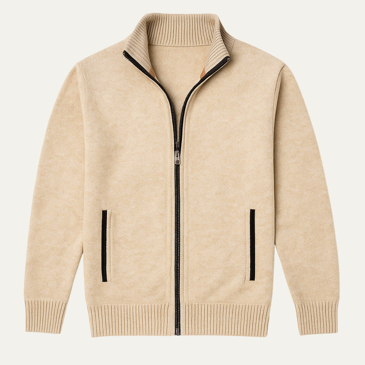 Beige men's knitted zip cardigan with stand collar, ribbed cuffs, and welt pockets