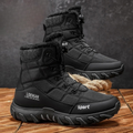 Men's black lace-up snow boots with side logo, faux-fur cuff and thick sole