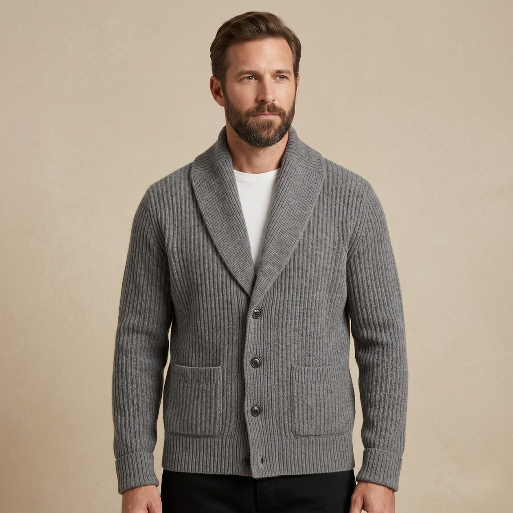 Men's chunky knit shawl-collar cardigan, gray, button front and patch pockets