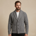 Men's chunky knit shawl-collar cardigan, gray, button front and patch pockets