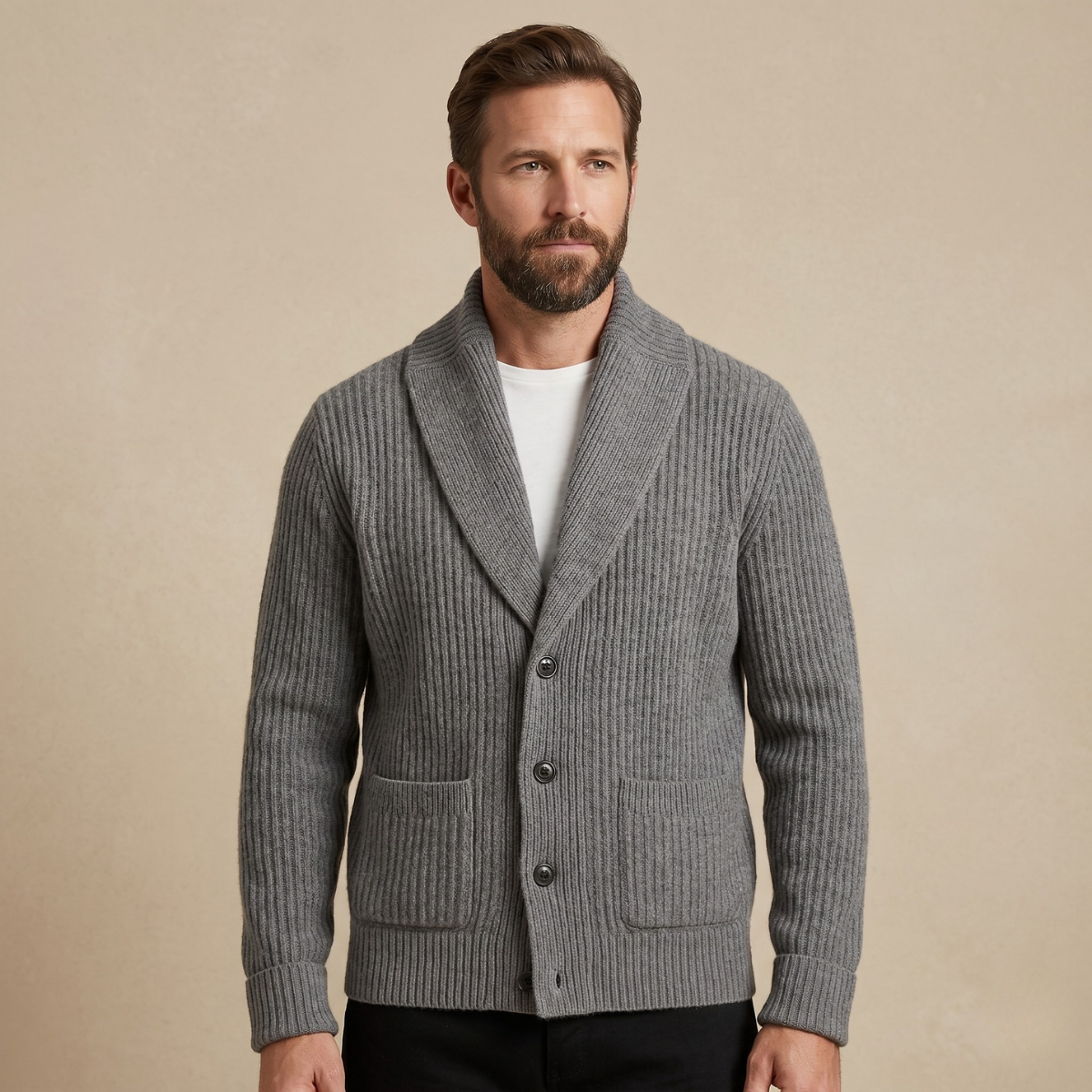 Men's chunky knit shawl-collar cardigan, gray, button front and patch pockets