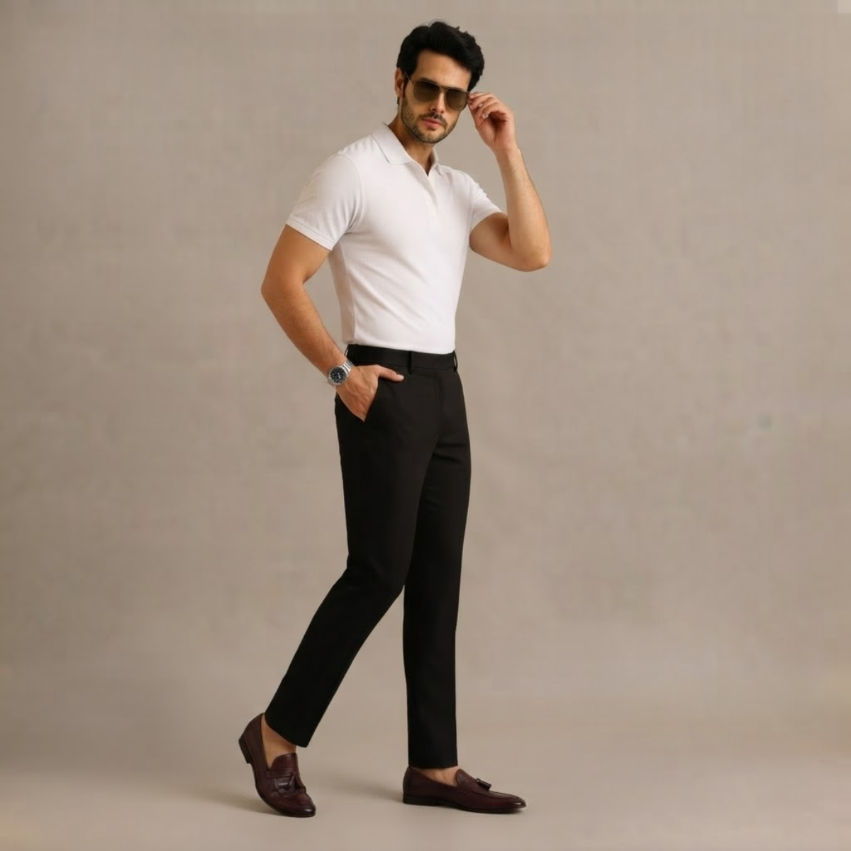 Men's slim-fit casual business dress pants, black with belt loops and tapered leg
