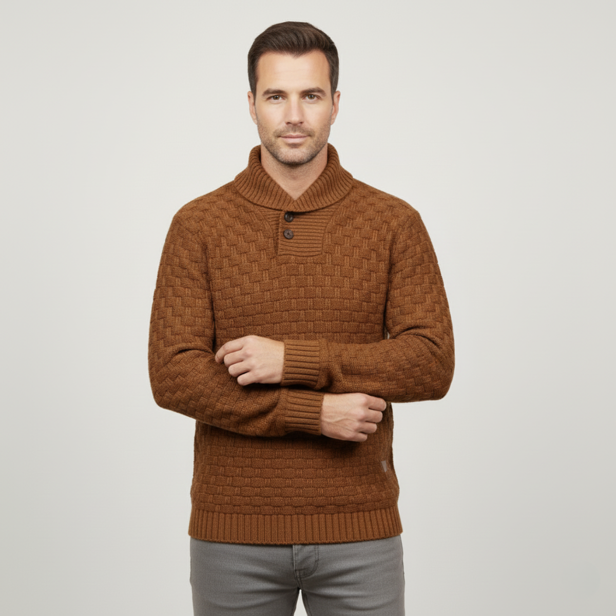 Men's brown chunky knit sweater with button placket and ribbed collar