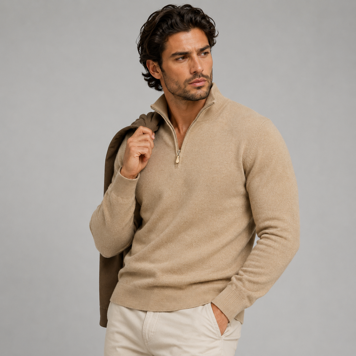 Men's beige quarter-zip knit sweater with ribbed cuffs