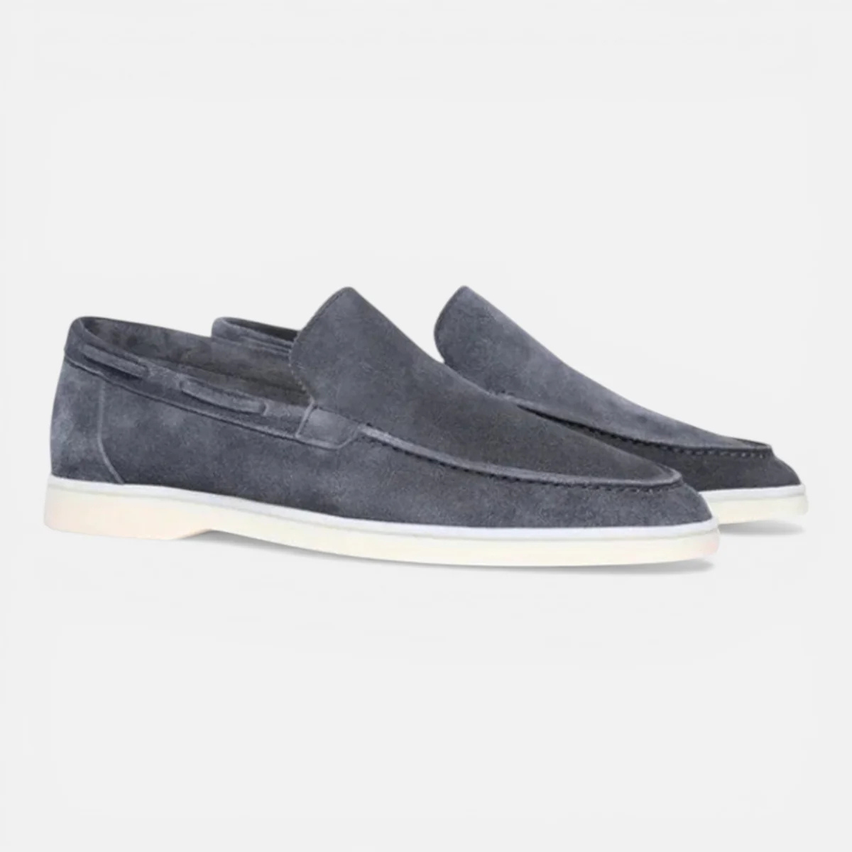 Men's gray suede casual loafers in slip-on moc toe style with light outsole