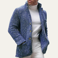 Men's blue knitted cardigan with button front, shawl collar, and ribbed cuffs