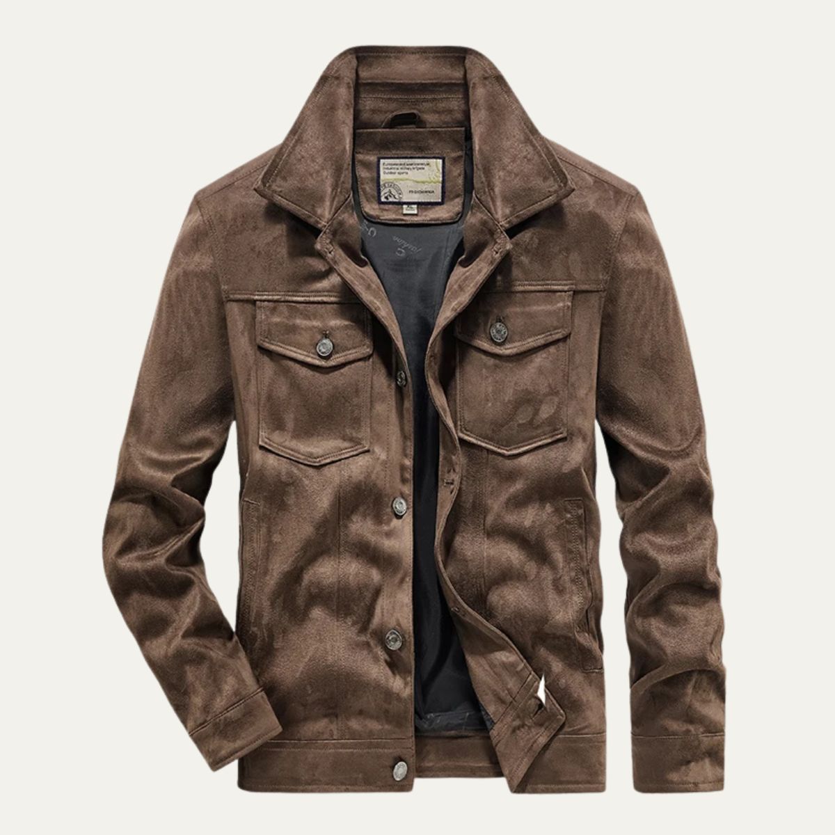 Men's suede cargo jacket, dark brown, chest flap pockets, button-front