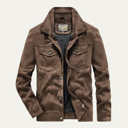 Men's suede cargo jacket, dark brown, chest flap pockets, button-front