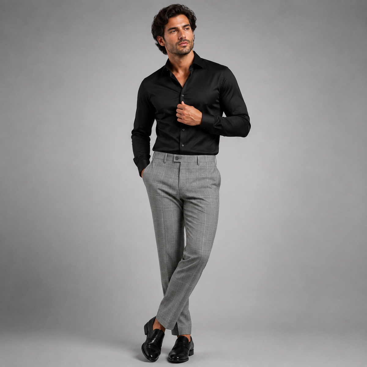 Men's slim-fit checked pants in light gray plaid with tapered, ankle-length leg