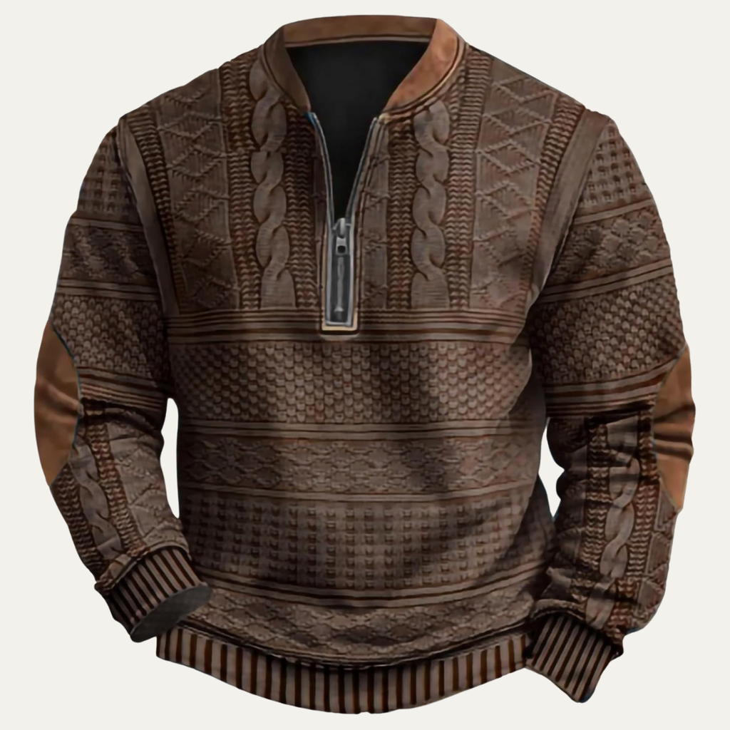 Men's dark brown patterned half-zip sweater with elbow patches, textured stripe knit look