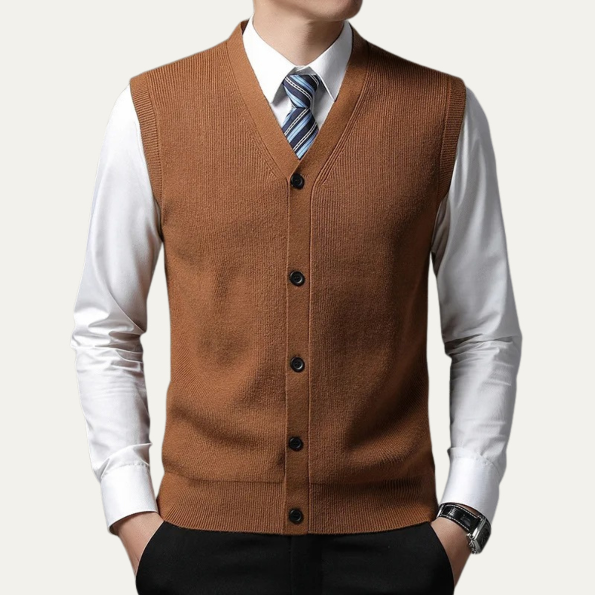 Men's brown V-neck sweater vest with button front and ribbed hem