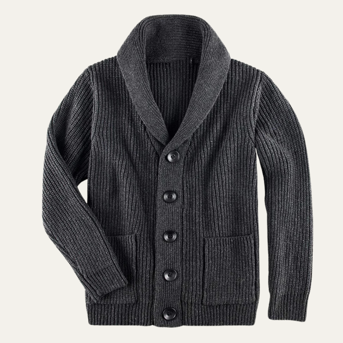Men's dark gray shawl-collar knit wool button cardigan with four dark buttons