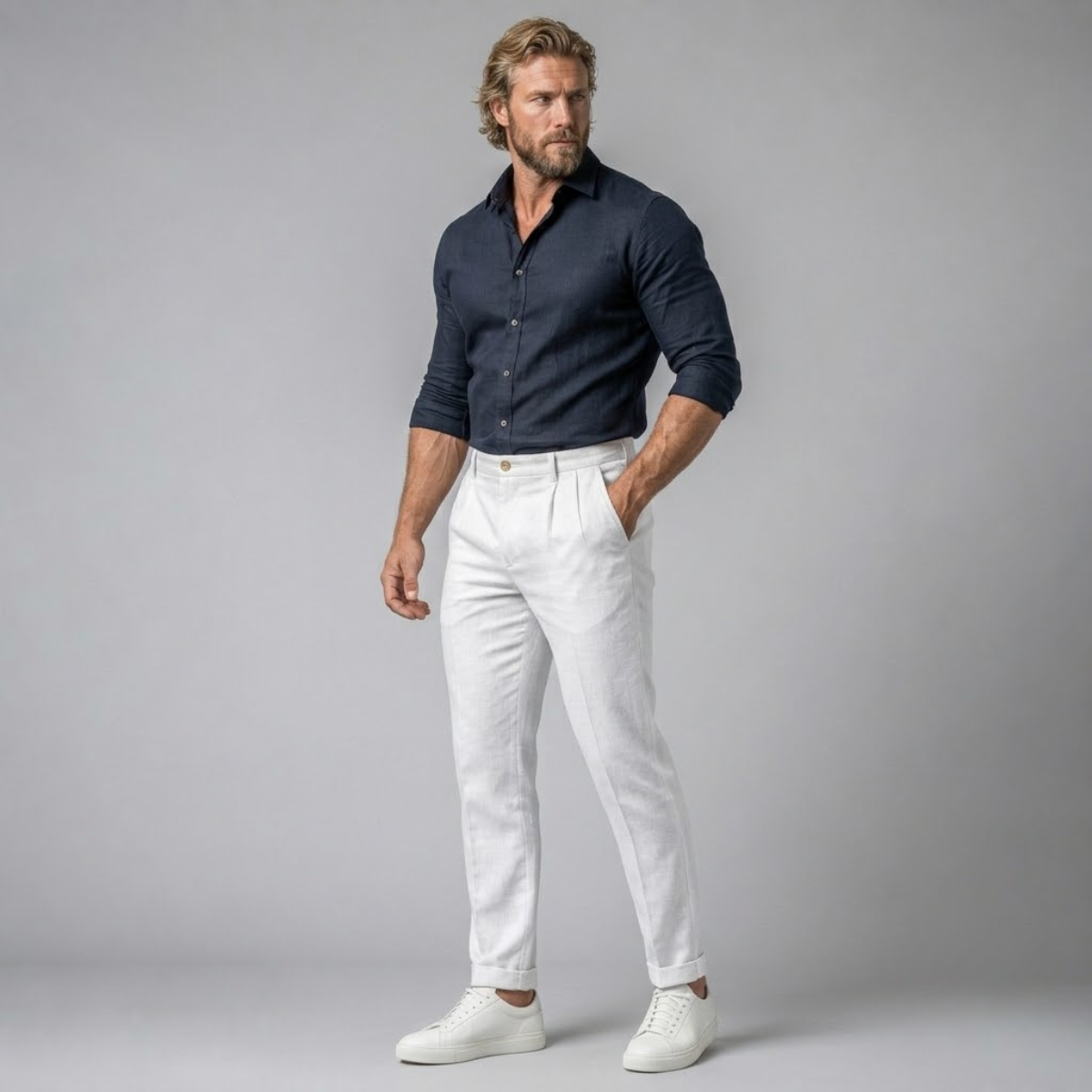 Men's white slim-fit lightweight linen dress pants on model, pleated front and cuffed hem