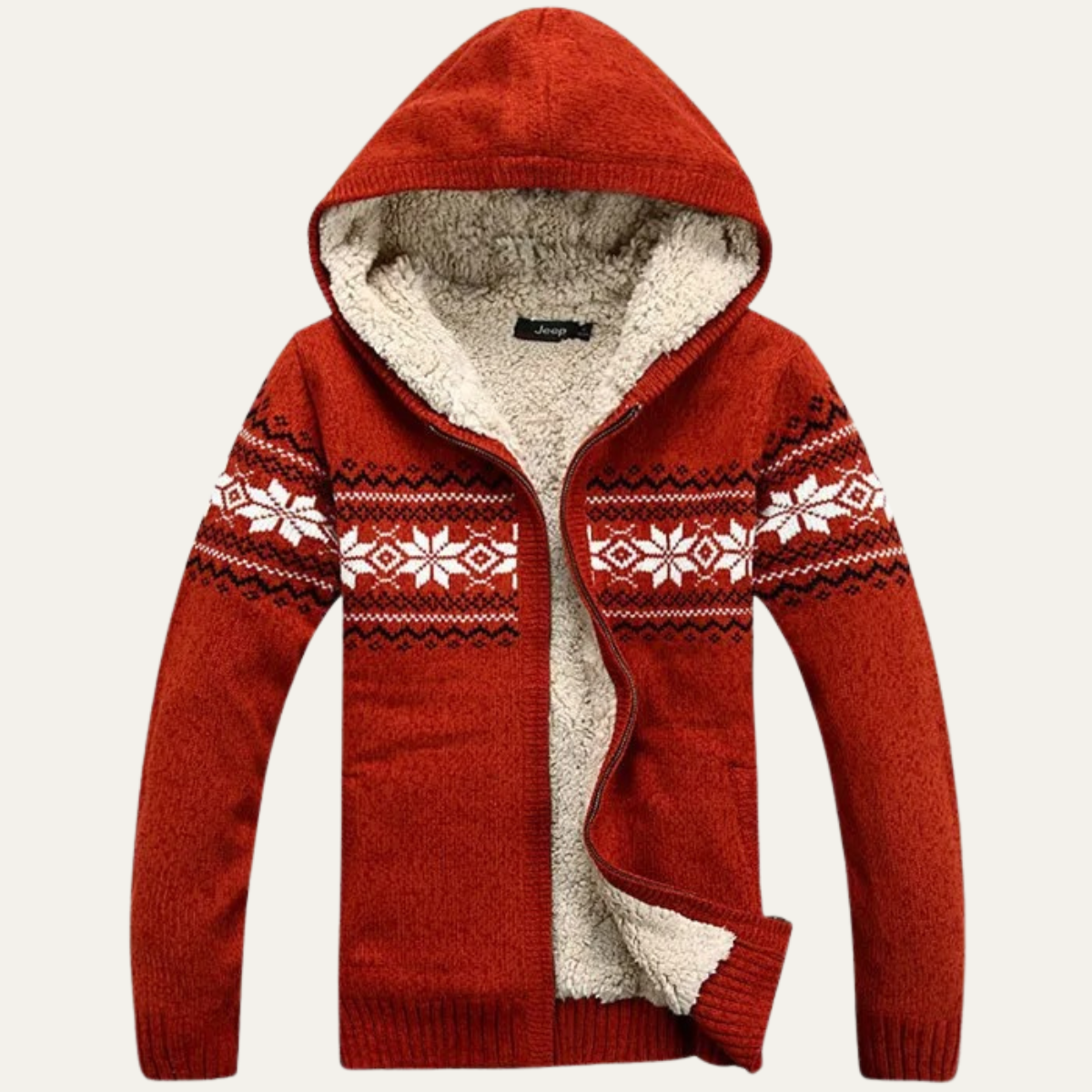 Rust red sherpa-lined zip-up cardigan with hood and white Nordic fair isle pattern