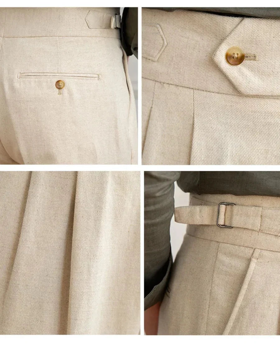 Beige linen pants: button waist with belt loops and pleated front