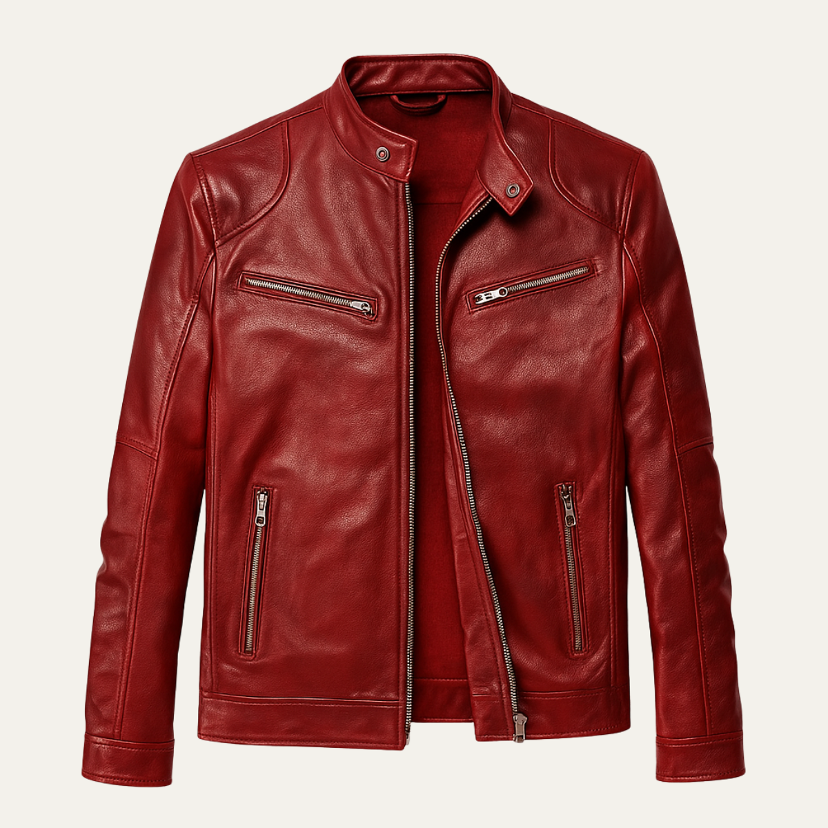 Men's red leather zip-up jacket with stand collar and side zip pockets
