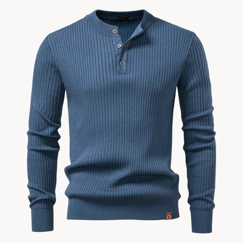 Men's blue ribbed knit henley sweater with button placket and long sleeves